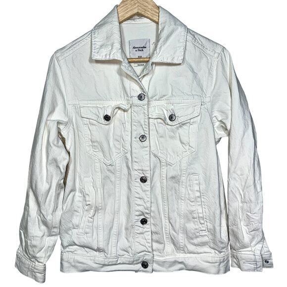 Abercrombie & Fitch Oversized White Denim Cotton Jean Jacket Coat Womens XXS 2XS - Picture 1 of 7